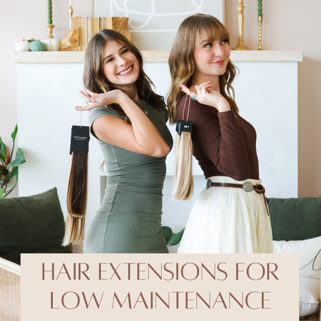 Two smiling women holding hair extension color swatches in front of a fireplace, with text reading "Hair Extensions for Low Maintenance".