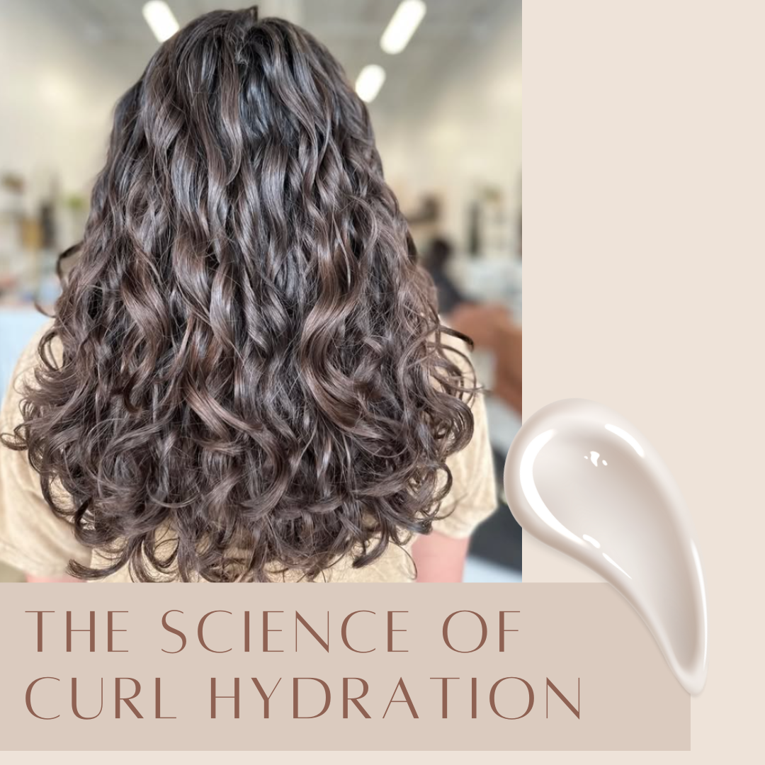 Back view of a client showcasing hydrated, defined dark curly hair beside a hair cream swatch graphic with text reading "The Science of Curl Hydration".