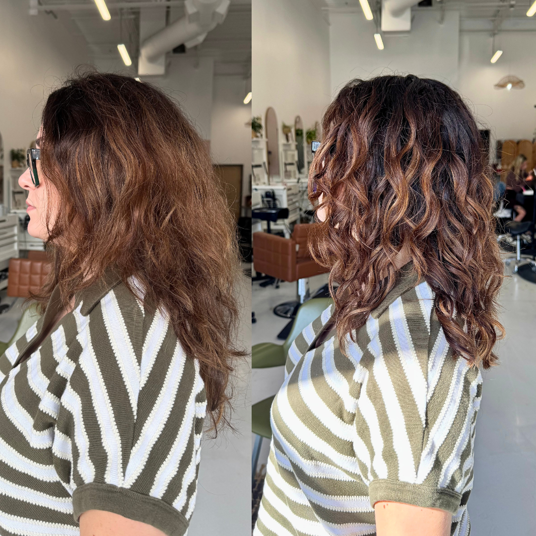 Before and after of a KurlPro curly hair cut showing enhanced definition and curl texture.