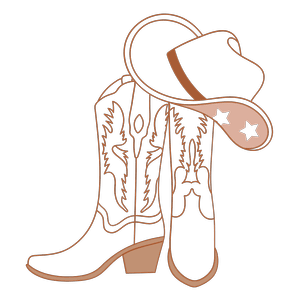 Western graphic illustration of cowboy boots and a cowboy hat for Dwell Studio salon in Texas.