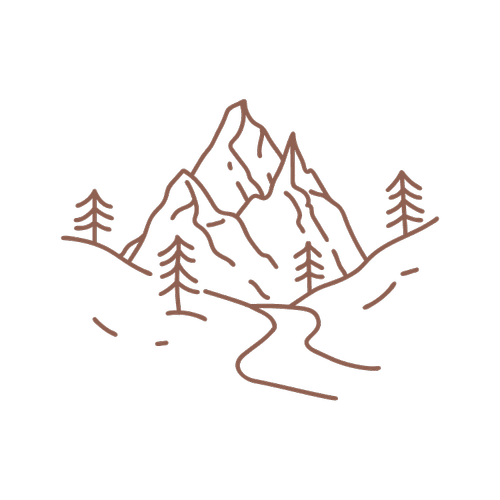 Line drawing of scenic mountain peaks and a winding river for a friendly hair salon experience in Fort Worth.