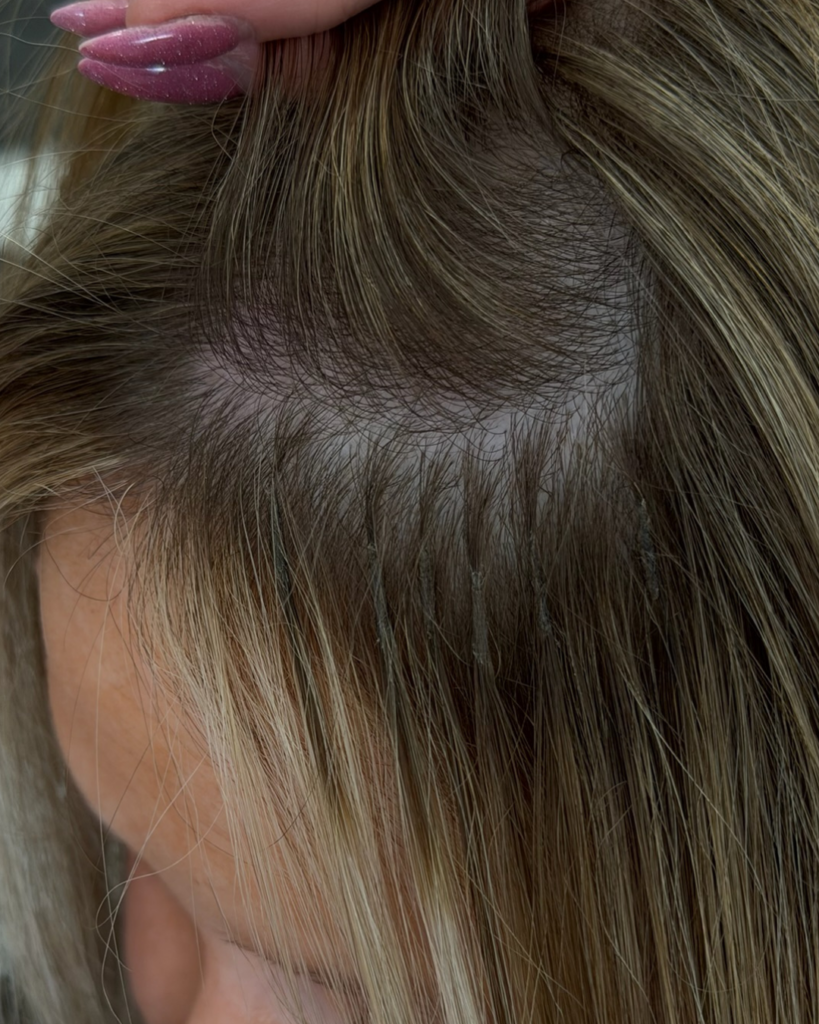 Close-up of keratin bond hair extensions applied near the scalp in Fort Worth, TX.