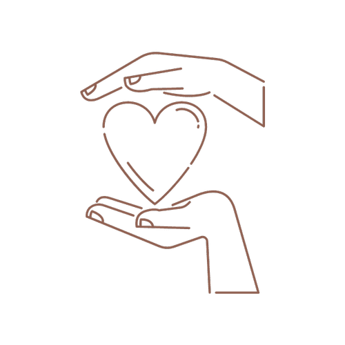 Outline icon of gentle hands cupping a heart, representing a kind and caring Fort Worth hair salon.