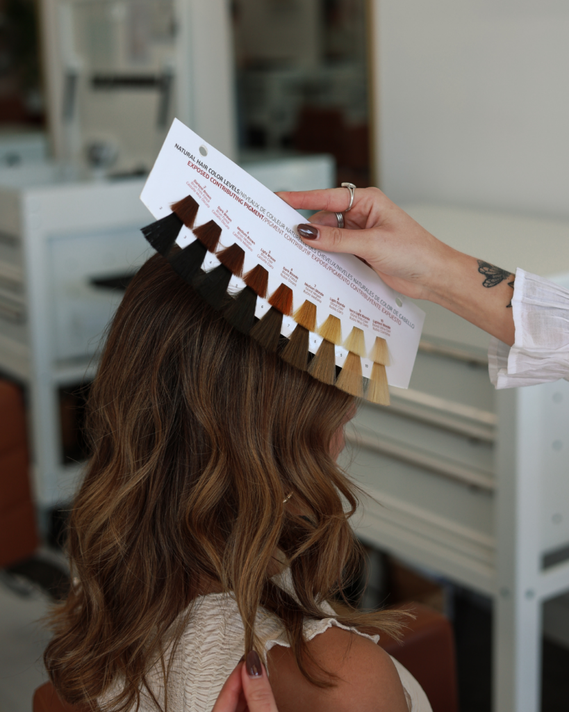Hairstylist holding a color swatch card next to a client's brown hair during a consultation in Fort Worth, TX.