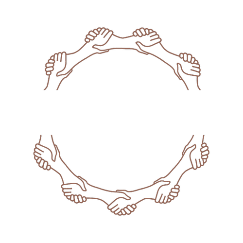 Circular line art icon featuring connected hands shaking, highlighting a team-based salon culture in Fort Worth.